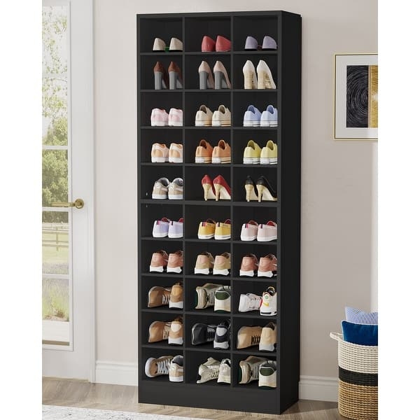 Matte Black Shoe Cabinet with Thirty Open Cubbies and 10 Tiers