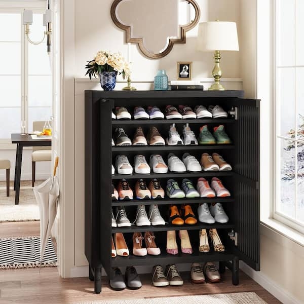 Matte Black Shoe Storage Cabinet with Six-Tier Shelving & Slatted Doors