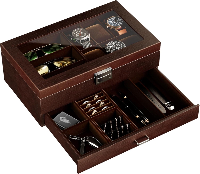 Men's Jewelry Box Lacquered Finish Dark Brown Wood Glass Top Valet
