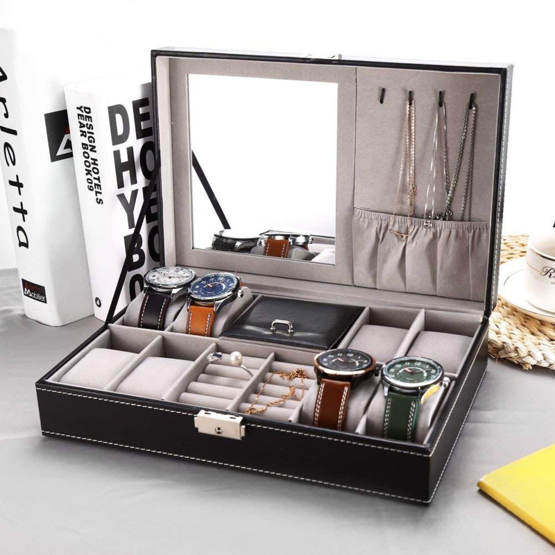 Mens Watch Box with Mirror Leather-like and Contrast Stitching