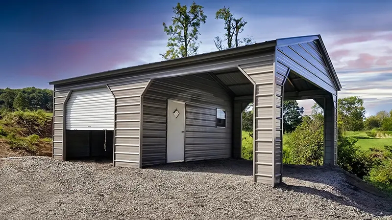 Metal Carport Garage Combo Unit with Enclosed Storage and Open Bay