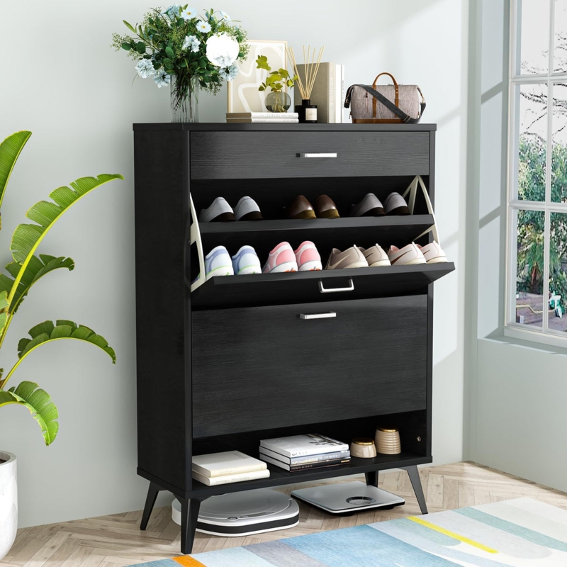 Mid-Century Modern Black Shoe Storage Cabinet with Tapered Legs