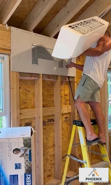 Mini Split AC Unit Installation on Wall Bracket in Renovation Room