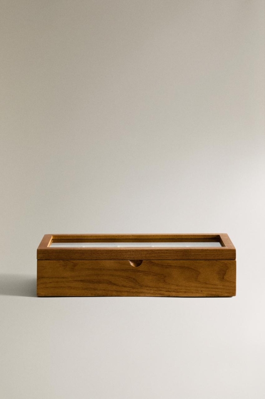 Minimalist Jewelry Box Finger Pull Notch Natural Wood Grain Glass Lid