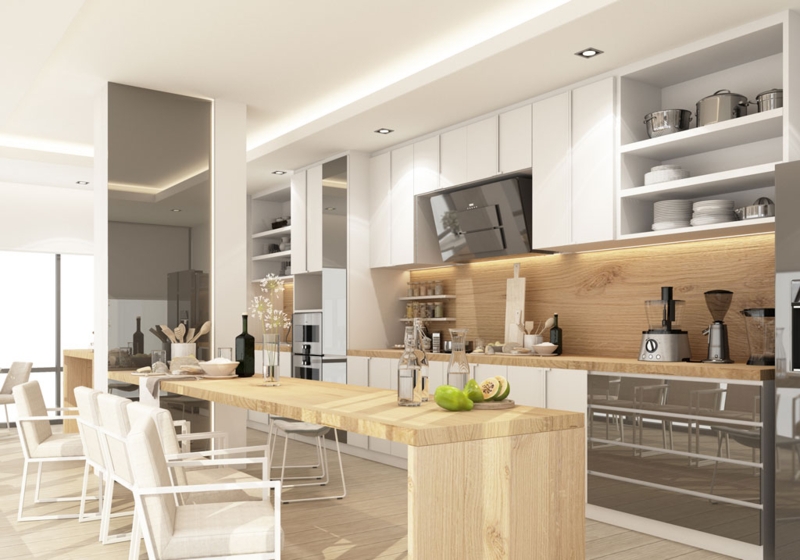 Minimalist Kitchen with Wood Backsplash and Extended Island Table
