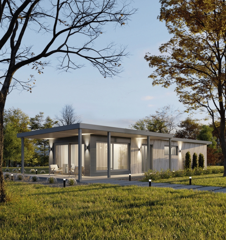 Minimalist Modular Home Design: Floor-to-Ceiling Windows, Flat Roof