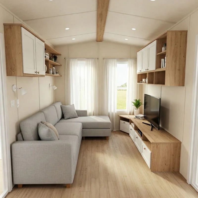 Minimalist Narrow Mobile Home Lounge Design with Wall Storage
