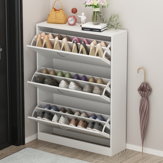 Minimalist Shoe Cabinet Three Tier Flip Down Slim Profile