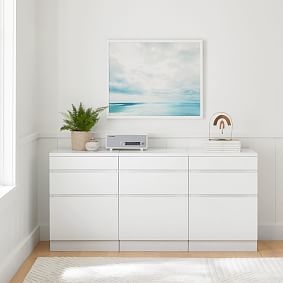Minimalist White Storage Cabinet with Handle-Less Drawers, Triple-Wide