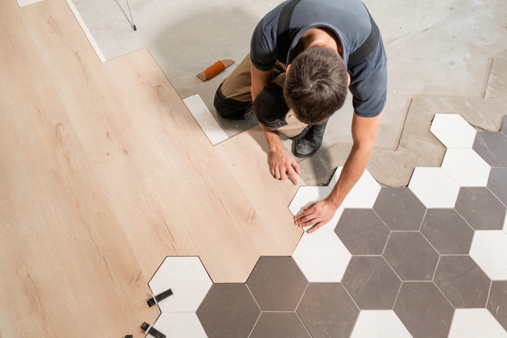 Mixed Material Flooring Design: Hexagonal Tile to Wood Plank Transition