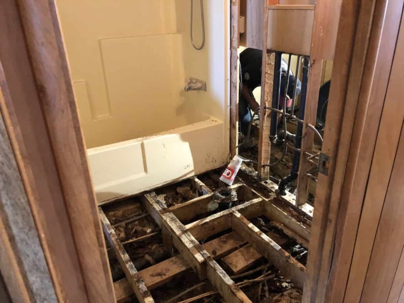 Mobile Home Bathroom Floor Replacement: Exposed Joists & Plumbing