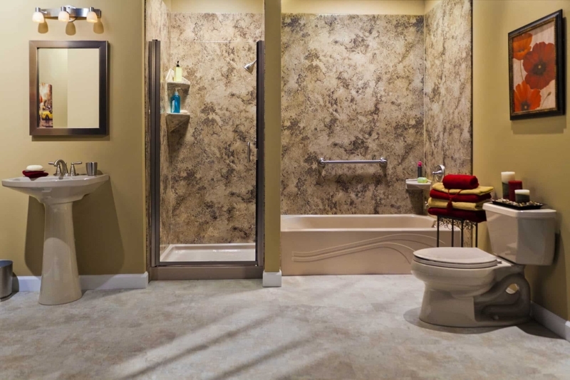 Mobile Home Bathroom Remodel with Mottled Stone Panels