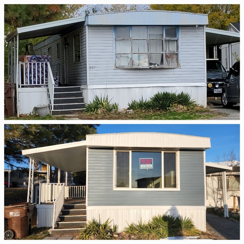 Mobile Home Blue Grey Color Scheme With Large Central Window