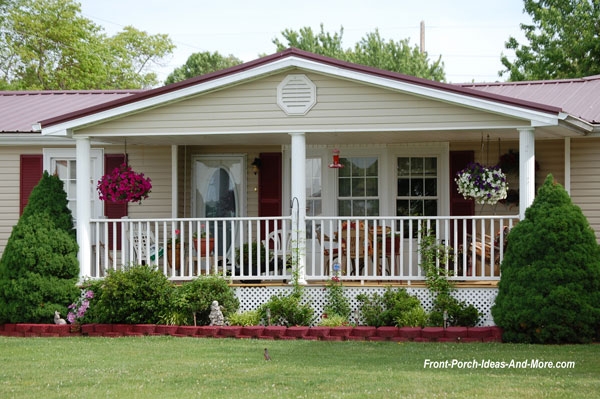 Mobile Home Covered Front Porch Addition Ideas with Maroon Metal Roof
