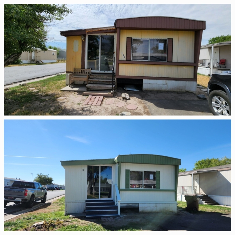 Mobile Home Exterior Green Trim Accent Renovated Stairs