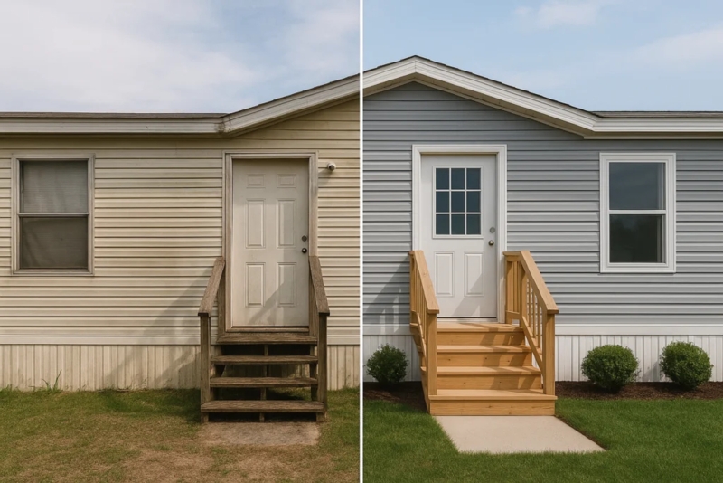 Mobile Home Exterior Remodel: Blue Gray Siding, Grid Door (64 chars)