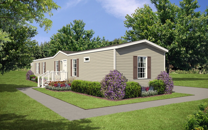 Mobile Home Exterior with Taupe Siding and Brown Shutters