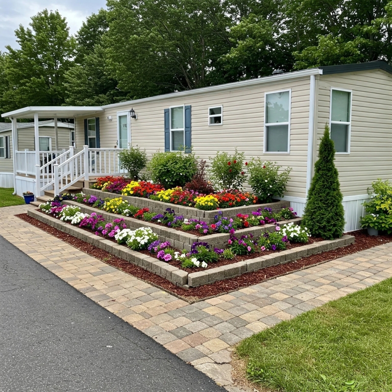 Mobile Home Exterior with Tiered Retaining Wall & Brick Paved Pathway