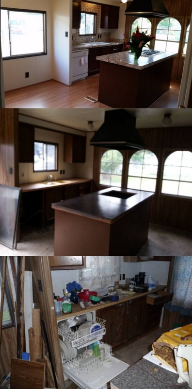 Mobile Home Kitchen Renovation with Dark Walnut Cabinets and Granite-Look