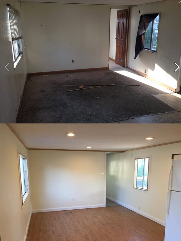 Mobile Home Living Area: Light Wood Plank Flooring & White Trim