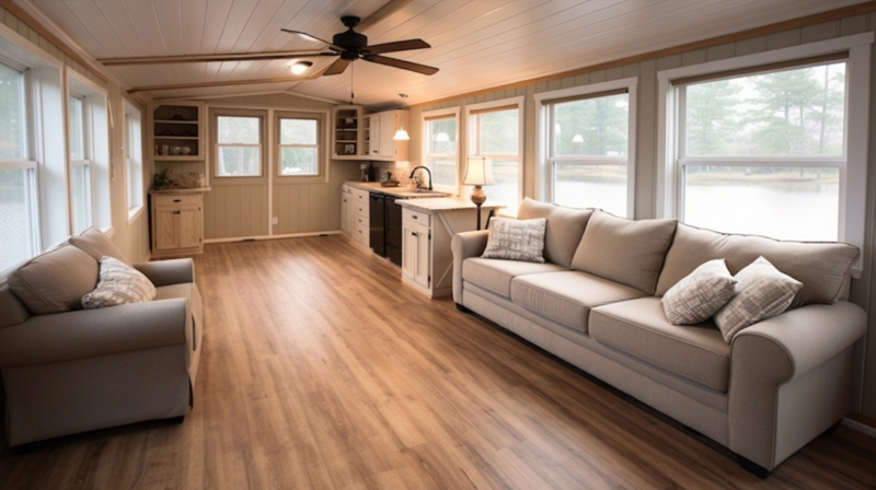 Mobile Home Living Room: Neutral Decor and Continuous Plank Flooring