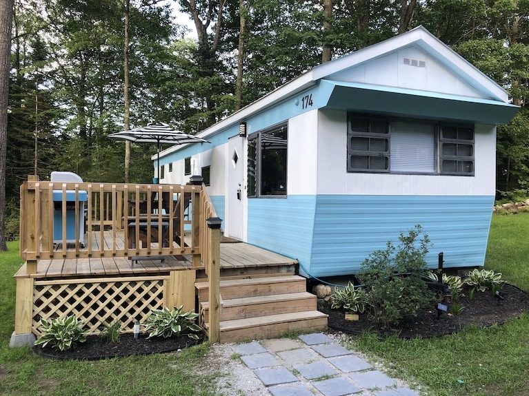 Mobile Home Mid-Century Blue and White Cottage Palette Deck