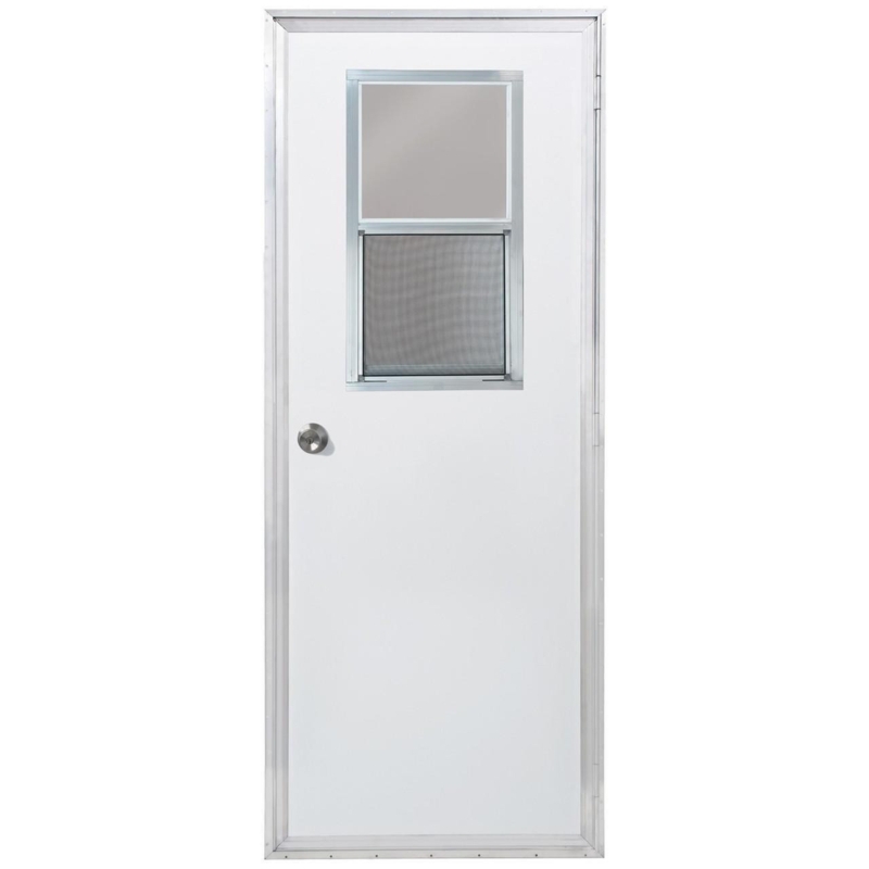 Mobile Home Outswing Door: White, Vertical Sliding Window