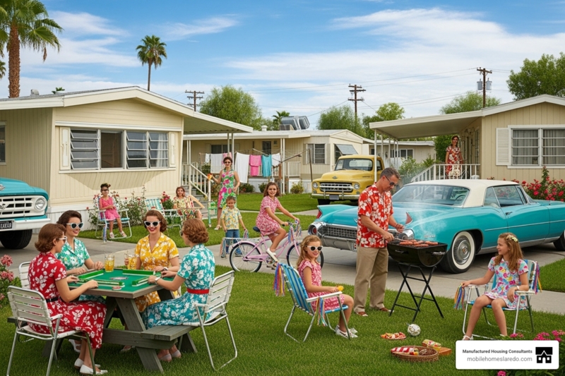 Mobile Home Park Scene Nostalgic Americana Cyan Vintage Car