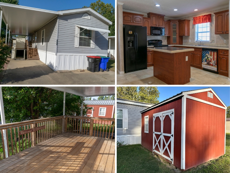 Mobile Home Property Collage with Red Storage Shed and Wood Kitchen