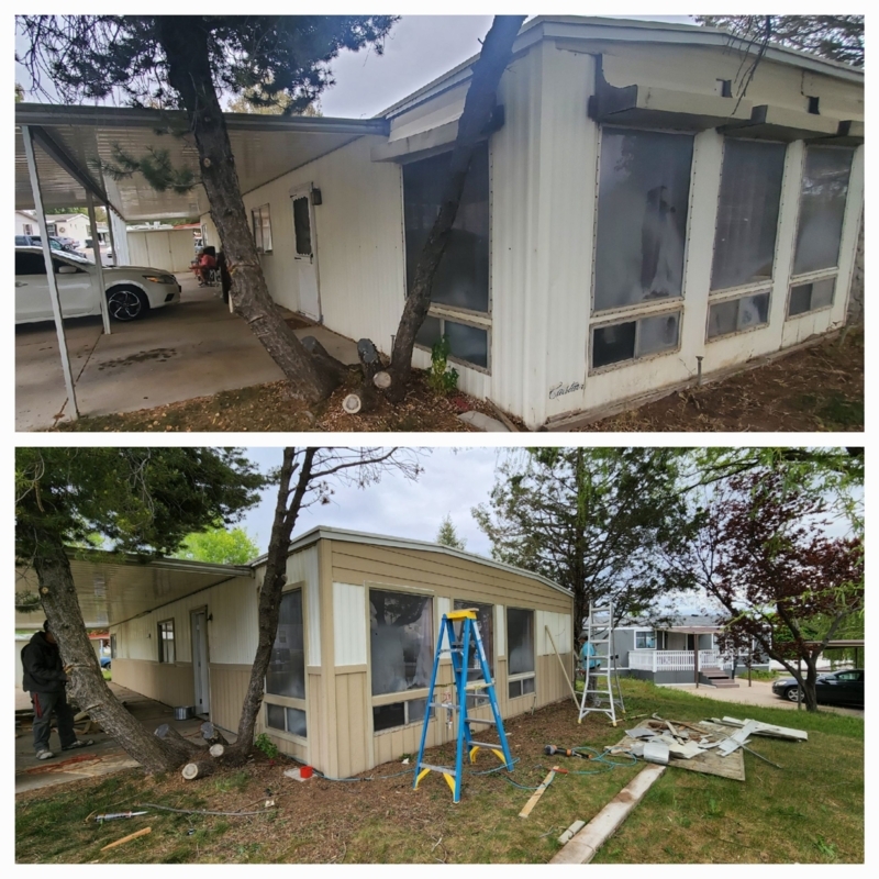 Mobile Home Renovation showing Two-Tone Tan and White Vertical Siding