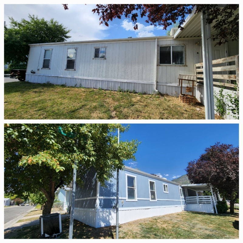 Mobile Home Siding Makeover in Dusty Blue & White Trim