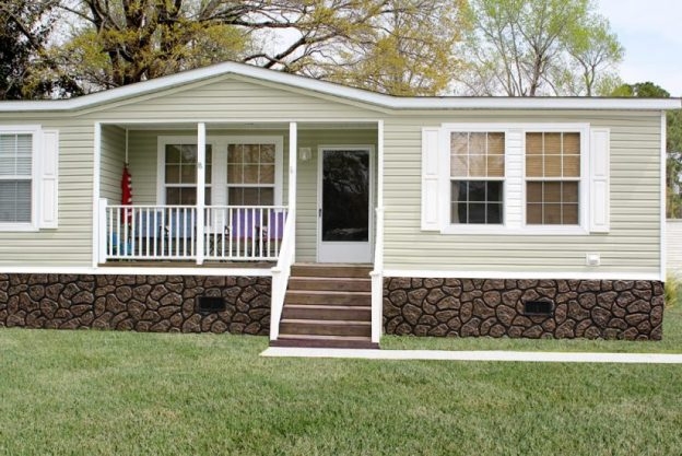 Mobile Home Skirting: Dark Brown Faux Stone Panels with Sage Green Siding