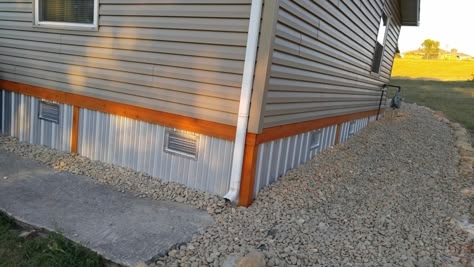 Mobile Home Skirting: Silver Corrugated Metal with Wood Trim Accents