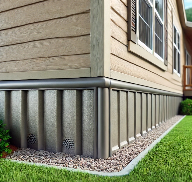 Mobile Home Skirting: Taupe Textured Panels with Ventilation Screens