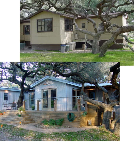 Mobile Home with Corrugated Metal Siding and Integrated Tree Deck