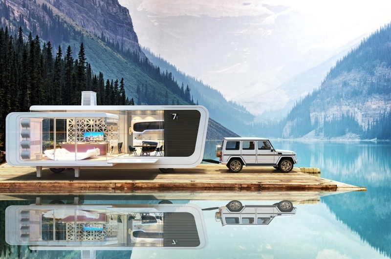 Mobile Home with Floor-to-Ceiling Windows and White Shell Exterior.