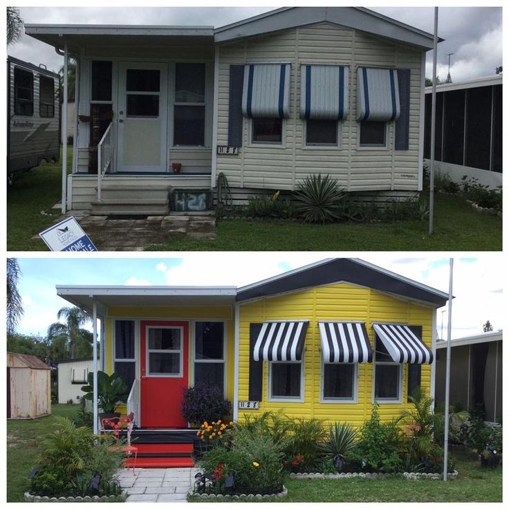 Mobile Home Yellow Exterior Striped Awnings Red Door Cottage Style