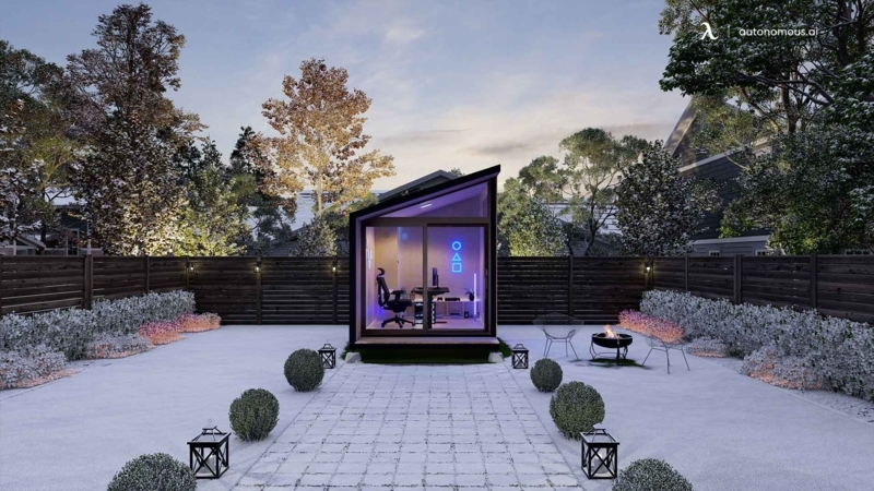 Modern Backyard Office Pod with Slanted Roof & Full Glass Facade