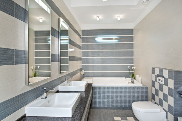 Modern Bathroom with Horizontal Striped Tiles and Checkered Accent