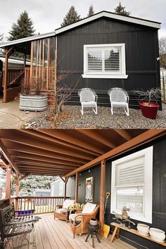 Modern Black Mobile Home Exterior With Exposed Wood Deck Ceiling