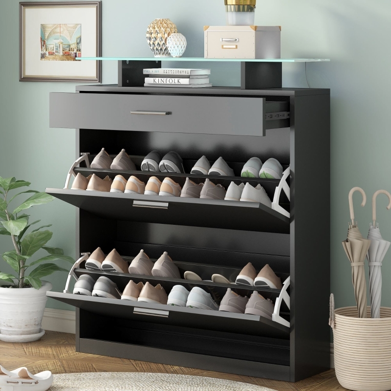Modern Black Shoe Cabinet with Flip-Drawers and Tempered Glass Top