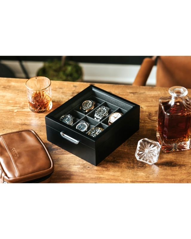 Modern Black Watch Box Six Slot Layout with Silver Toned Handle