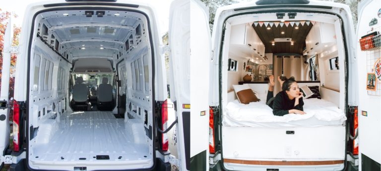 Modern Camper Van Conversion: White Cabinets & Wood Slat Ceiling