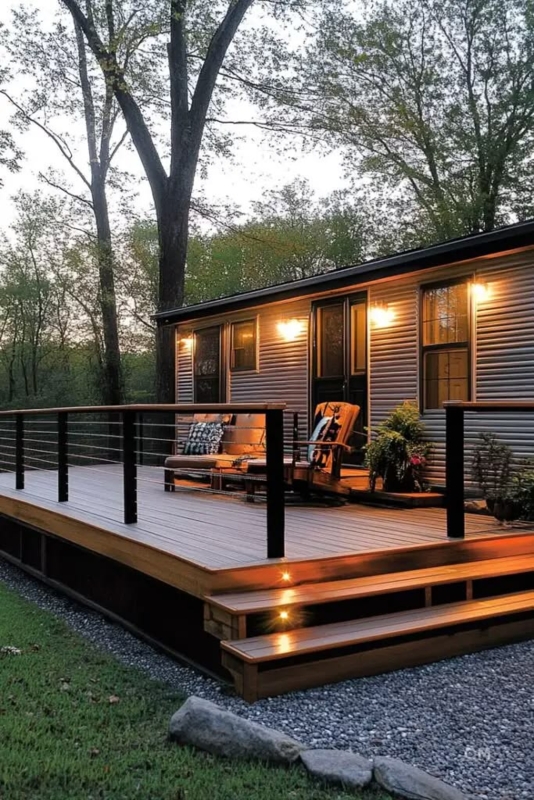 Modern Deck with Cable Railing and Integrated Step Lighting