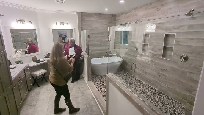 Modern Farmhouse Bathroom: Wet Room Layout with Pebble Shower Floor