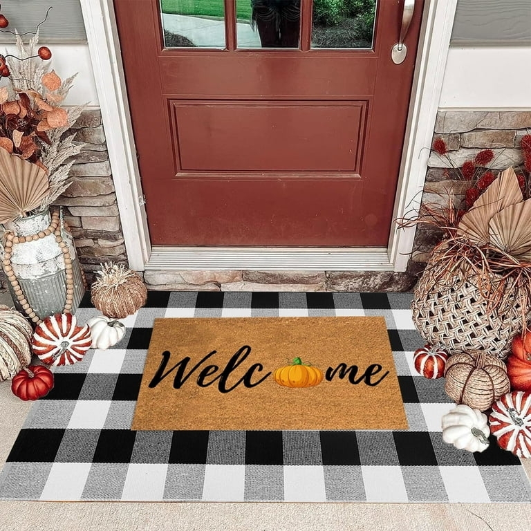 Modern Farmhouse Buffalo Check Door Mat, Pumpkin Typography