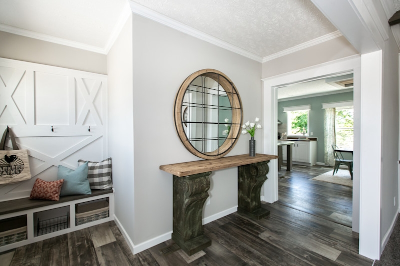 Modern Farmhouse Entryway: Corbel Console, X-Pattern Bench, & Mirror