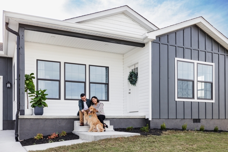 Modern Farmhouse Exterior: Charcoal Board and Batten Accent Siding