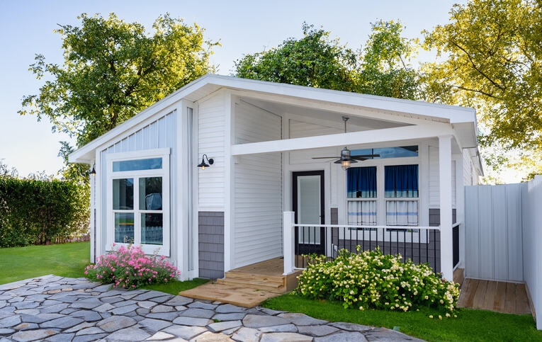 Modern Farmhouse Exterior with Flagstone Patio and White Siding
