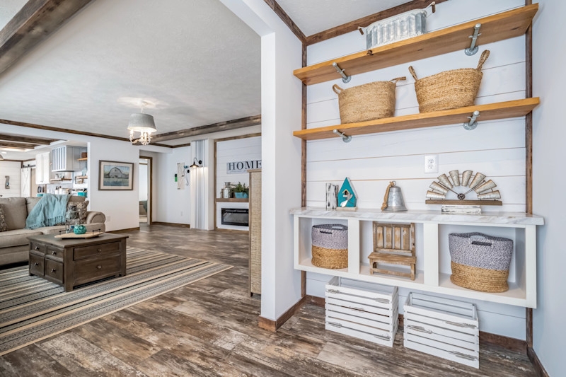 Modern Farmhouse Foyer: Built-In Storage, Wood Floating Shelves, & Beams